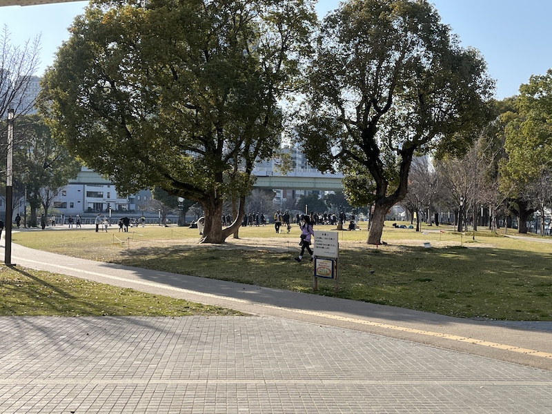 芝生広場になった剣先公園。かつて芝生は整備されてませんでした。