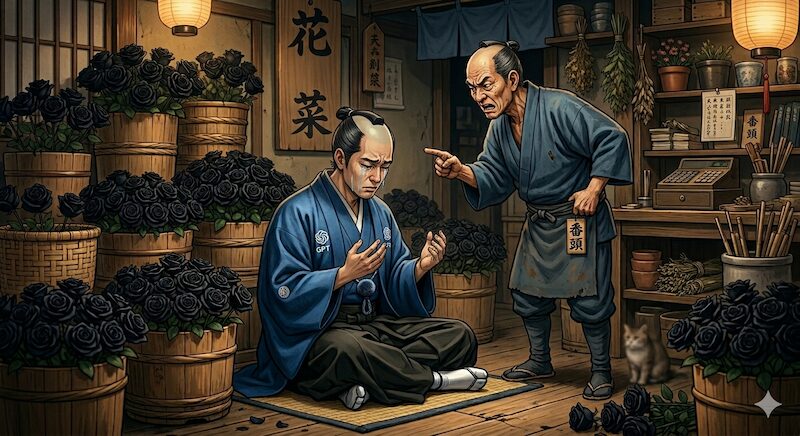 番頭さんに怒られている若旦那。