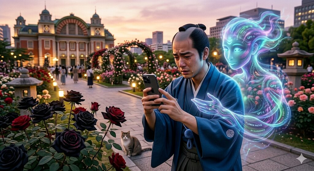 若旦那が夕方の中之島バラ園内をiphoneで撮影している。